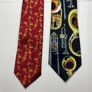 Necktie lot of 2 Brass Horn Section Music Three Rooker and Parquet-handmade
